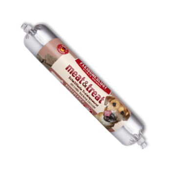 Tube mit Hundefutter der Marke 'meat&treat' mit einem Hund, der sich die Lippen leckt, auf beige-roter Verpackung.