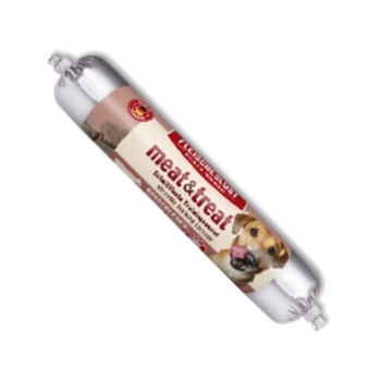 Tube mit Hundefutter der Marke 'meat&treat' mit einem Hund, der sich die Lippen leckt, auf beige-roter Verpackung.