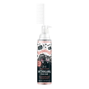 Flasche des Bugalugs 2-in-1 Papaya & Kokos Entwirrungsschaumkamms mit einem weißen Kammaufsatz.