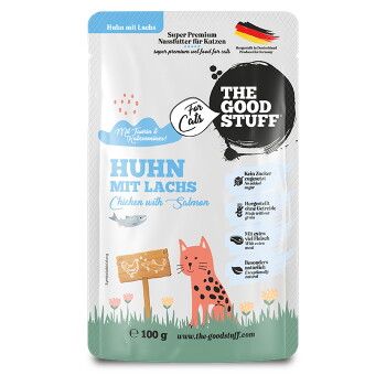 Feuchtfutterbeutel 'The Good Stuff' — Huhn mit Lachs / Chicken with Salmon, 100 g, illustrierte Katze und Fisch