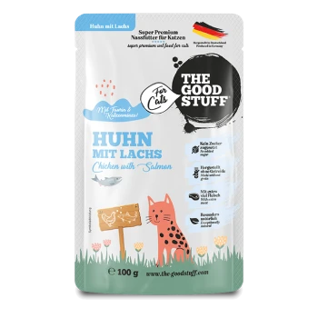Feuchtfutterbeutel 'The Good Stuff' — Huhn mit Lachs / Chicken with Salmon, 100 g, illustrierte Katze und Fisch