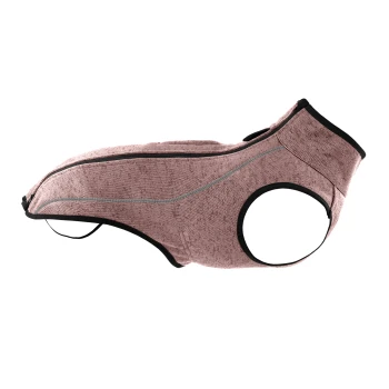 Ein pinkes Hundegeschirr mit einem schlanken Design, mit schwarzem Rand und reflektierenden Nähten, von der Seite präsentiert.