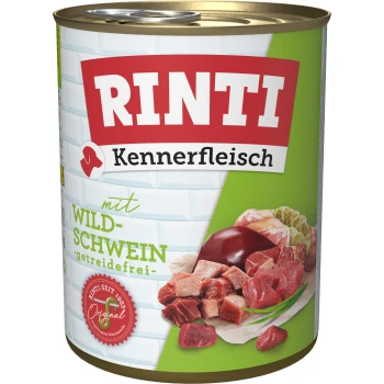Nourriture pour animaux en conserve étiquetée "RINTI Kennerfleisch" présentant du sanglier, sans céréales, avec des morceaux de viande affichés sur l'étiquette.