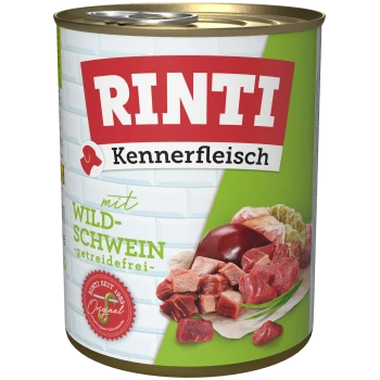 Dose Haustierfutter, beschriftet mit "RINTI Kennerfleisch", das Wildschwein enthält, getreidefrei, mit Fleischstücken, die auf dem Etikett angezeigt werden.