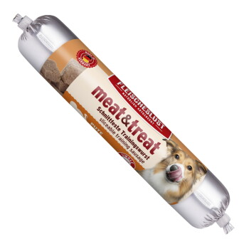Silberne Wurstrolle mit der Aufschrift 'meat&treat' und 'schneidbare Trainingswurst' für Hunde, mit Bild eines leckenden Hundes.