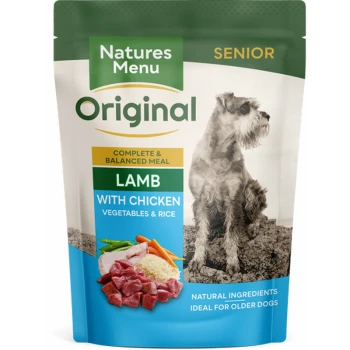 Natures Menu Original Senior dog food pouch featuring a schnauzer, labeled "Lamb with Chicken, Vegetables & Rice."