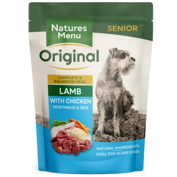 Natures Menu Original Senior dog food pouch featuring a schnauzer, labeled "Lamb with Chicken, Vegetables & Rice."