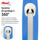 Laisse rétractable pour chien Flexi avec un système de guidage à 360°, avec une poignée bleue et une sangle grise, montrant les instructions de déploiement.