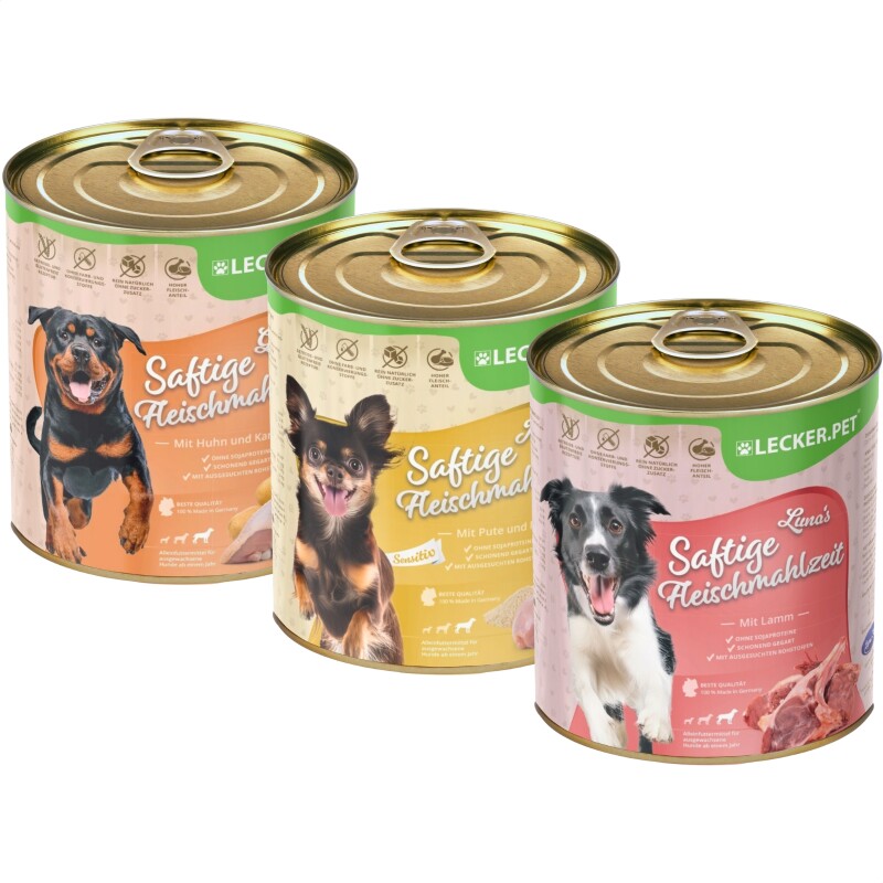 Lyra Pet Lecker.Pet® Gino's, Josie's & Luna's Saftige Fleischmahlzeit Hunde Nassfutter Mix Vollnahrung