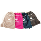 Vier Zugbeutel in Beige, Pink, Marineblau und Dunkelgrau, jeweils mit dem Logo 'WILD HAZEL' und einer Hundesilhouette.