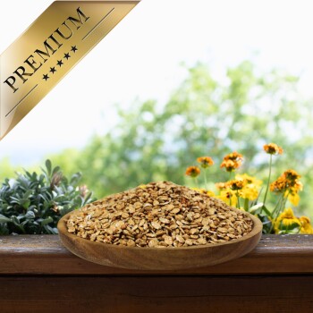 Eine Holzschüssel voller hochwertigem Haustierfutter steht auf einer Holzoberfläche, umgeben von grünen Pflanzen und gelben Blumen in einer hellen Außenumgebung.