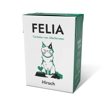 Kartonschachtel mit FELIA Haustierfutter, die eine stilisierte Illustration einer Katze mit einer Halskette zeigt, der Text lautet "Tierliebe vom Allerfeinsten" und "Hirsch."