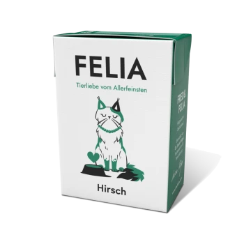 Kartonschachtel mit FELIA Haustierfutter, die eine stilisierte Illustration einer Katze mit einer Halskette zeigt, der Text lautet "Tierliebe vom Allerfeinsten" und "Hirsch."