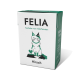 Kartonschachtel mit FELIA Haustierfutter, die eine stilisierte Illustration einer Katze mit einer Halskette zeigt, der Text lautet "Tierliebe vom Allerfeinsten" und "Hirsch."
