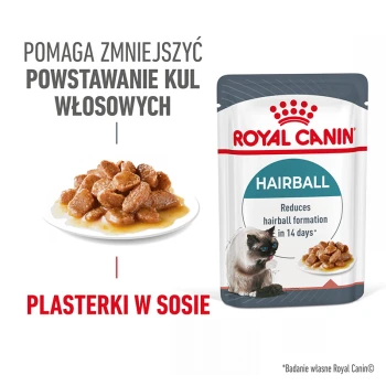Opakowanie karmy dla kotów Royal Canin Hairball z talerzem mokrej karmy, z tekstem o redukcji formowania się kul włosowych w ciągu 14 dni.