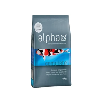 complete 4kg 3 mm Alpha Koi Ernährung komplettes Fischfutter, 4 kg Beutel, mit einem bunten Koi-Fisch-Grafik und 5 mm Pelletgröße.