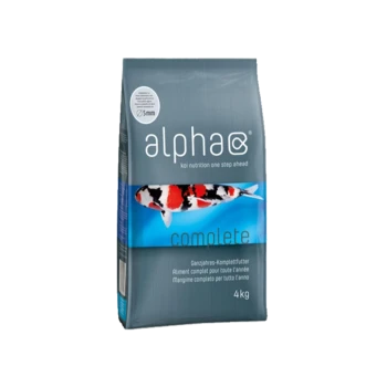 Alpha Koi Ernährung komplettes Fischfutter, 4 kg Beutel, mit einem bunten Koi-Fisch-Grafik und 5 mm Pelletgröße.