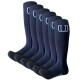 Ein Set aus sechs marineblauen Kniestrümpfen, mit einem hellblauen 'U'-Logo auf der Vorderseite.
