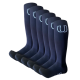 Ein Set aus sechs marineblauen Kniestrümpfen, mit einem hellblauen 'U'-Logo auf der Vorderseite.