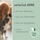 Anleitung zur Verwendung einer Augenreinigungslösung für Haustiere, mit einer Illustration von Hund und Katze, mit Schritten in deutschem Text.