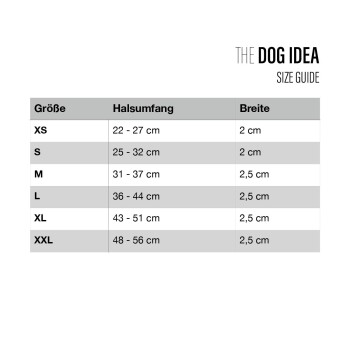 Größentabelle für Hundehalsbänder, die Größen XS bis XXL mit Halsumfang und Breitenmessungen in Zentimetern auflistet.