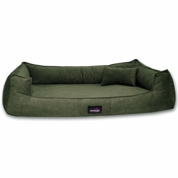 Grünes Haustierbett mit erhöhten Rändern und einem kleinen Kissen, mit einem "tierlando"-Logo an der Seite.
