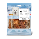 DeliBest Light Snack 200g Beutel Pferdefleisch-Hundesnacks mit Porträt eines weißen Hundes, Schweizer Alpen-Hintergrund und dem Label '100% natürlich'.