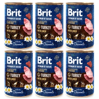 Sześć puszek jedzenia dla psów Brit, oznaczonych 'Indyk z Wątrobą' dla młodych psów, z niebieskim tłem i kwiatami rumianku.