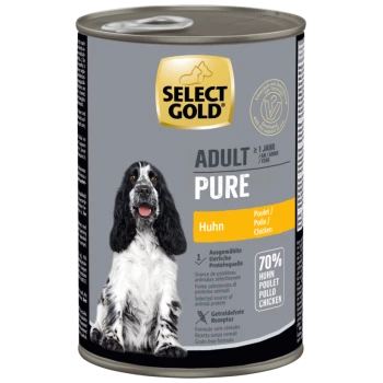 Select Gold Adult Pure Hundefutterdose mit Hühnergeschmack, 70 % Huhn, getreidefreie Formel und Bild eines schwarz-weißen Hundes.