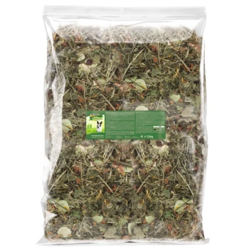 Grain Free dwergkonijnen 7,5kg Een doorzichtige plastic zak gevuld met een mix van gedroogde kruiden en bladeren voor kleine huisdieren, met een groene label met een konijnenafbeelding en productdetails.