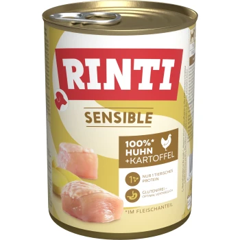 Rinti Sensible Hundefutterdose mit 100% Huhn und Kartoffeln, mit einem glutenfreien Etikett und Bildern von Hühnerstücken.