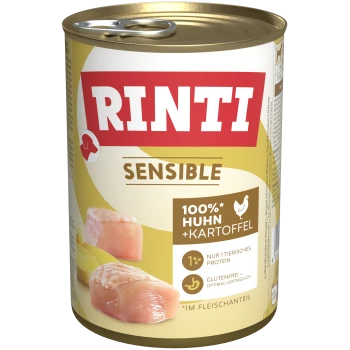 Boîte de nourriture pour chiens Rinti Sensible présentant 100 % de poulet et de pommes de terre, avec une étiquette sans gluten et des images de morceaux de poulet.