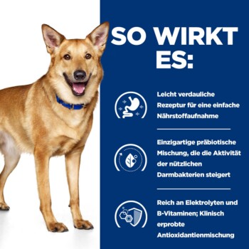 Ein glücklicher goldbrauner Hund mit blauer Halsband steht vor einem blauen Hintergrund mit Text über die Vorteile eines Haustierprodukts.