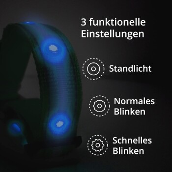 Ein leuchtendes Haustierhalsband mit drei funktionalen Einstellungen: stetiges Licht, normales Blinken und schnelles Blinken, angezeigt in deutschem Text.