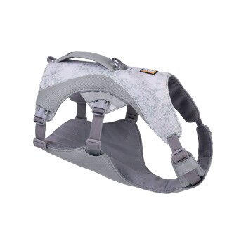 Hellgraues Haustiergeschirr mit gepolstertem Design, verstellbaren Riemen und einem oberen Griff, mit einem subtilen abstrakten Muster.