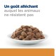 Bol de nourriture pour animaux avec des croquettes brunes et charnues, avec le texte "Un goût alléchant auquel les animaux ne résistent pas" au-dessus.