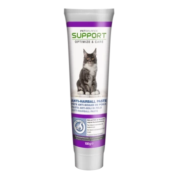 Tube mit PetBalance Support Anti-Haarball-Paste für Katzen, mit einer grauen Katze auf der Vorderseite, mit Text in mehreren Sprachen.