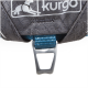 Nahaufnahme eines grauen Kurgo-Hundegeschirrs mit einem blauen Riemen und einem Metallbefestigungsclip.