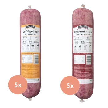 Zwei 1000g zylindrische Hundefutterpackungen: links "Geflügel pur" (50% Fleisch), rechts "Rind-Huhn-Mix" (75% Fleisch).