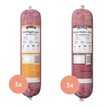 Zwei 1000g zylindrische Hundefutterpackungen: links "Geflügel pur" (50% Fleisch), rechts "Rind-Huhn-Mix" (75% Fleisch).