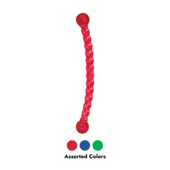 Jouet à mâcher pour chien en caoutchouc rouge tressé avec extrémités arrondies au-dessus de points rouges, bleus et verts et du texte 'Assorted Colors'.