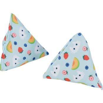 Two light-blue triangular fabric cat toys printed with white cat faces, strawberries, blueberries and melon slices.