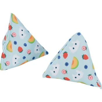 Two light-blue triangular fabric cat toys printed with white cat faces, strawberries, blueberries and melon slices.