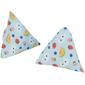 Two light-blue triangular fabric cat toys printed with white cat faces, strawberries, blueberries and melon slices.