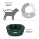 Grünes Hundebett von Doctor Bark, geeignet für Rassen wie Beagle und Französische Bulldogge, mit Innenmaßen von 50 cm Länge und 40 cm Breite.