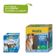 Verpackung von MultiFit Dental Care Sticks: eine blaue Box mit einem Hundebild und eine gelbe Box mit einem Hund und Minzblättern, die besagt: "Neues DESIGN, gleiche QUALITÄT."