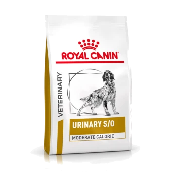 Royal Canin Veterinary Urinary S/O Hundefutterbeutel, mit einer schwarz-weißen Hundillustration, beschriftet mit "Moderate Calorie."