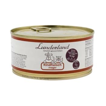 Lunderland Dosenfutter für Haustiere mit magerem Rindfleisch, beschriftet mit "Rindfleisch mager," mit einem Creme- und lila Design.