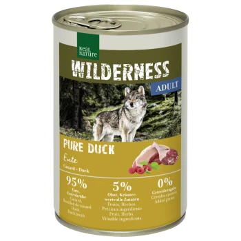 WILDERNESS Adult Pure Duck 6x400 g Dose von Real Nature Wilderness Pure Duck Haustierfutter, mit einem Wolfbild, mit 95% Ente, 5% Früchten und Kräutern und 0% zugesetzten Getreiden.