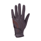 Braune Haustierpflegehandschuh mit strukturierter Oberfläche und weißen Nähten, mit einem Logo am Handgelenk.